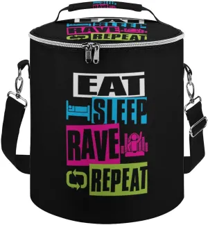Eat Sleep Rave Repeat Cylindrical Cooler Bag with Handle Portable Lunch Bags Adjustable Shoulder Straps Insulation Tote