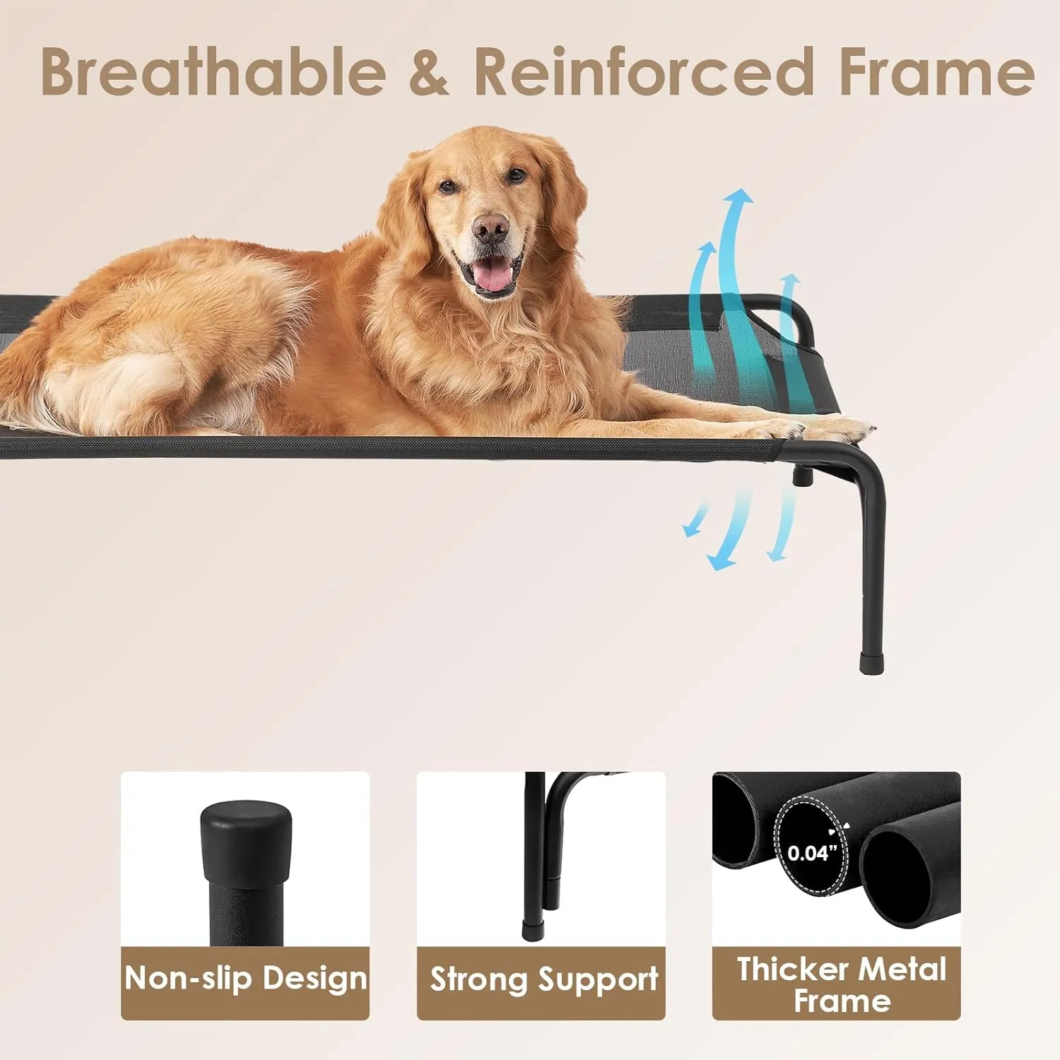 EHEYCIGA Reinforced Elevated Dog Cot Bed Medium, Raised Outdoor Dog Hammock, Lifted Pet Platform with Frame and Washable Waterproof Cooling Teslin Mesh and Anti-Slip Feet, 35x22 inch