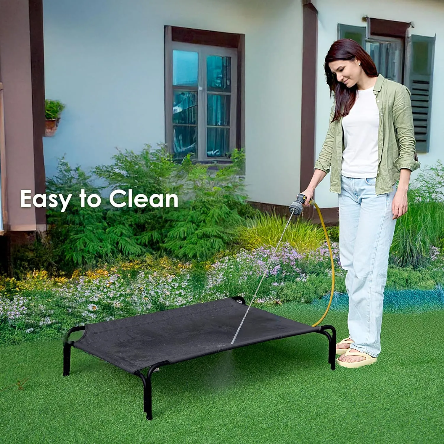 EHEYCIGA Reinforced Elevated Dog Cot Bed Medium, Raised Outdoor Dog Hammock, Lifted Pet Platform with Frame and Washable Waterproof Cooling Teslin Mesh and Anti-Slip Feet, 35x22 inch
