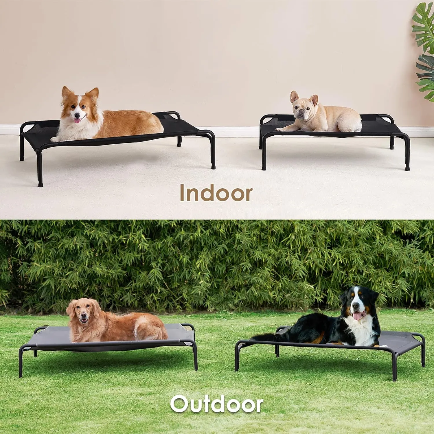 EHEYCIGA Reinforced Elevated Dog Cot Bed Medium, Raised Outdoor Dog Hammock, Lifted Pet Platform with Frame and Washable Waterproof Cooling Teslin Mesh and Anti-Slip Feet, 35x22 inch