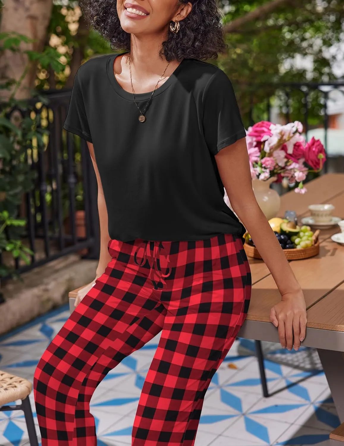 Ekouaer 2 Pack Womens Pajama Sets Short Sleeve Sleepwear Top and Pants 4 Piece Pjs Lounge Sets with Pockets