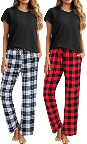 Ekouaer 2 Pack Womens Pajama Sets Short Sleeve Sleepwear Top and Pants 4 Piece Pjs Lounge Sets with Pockets