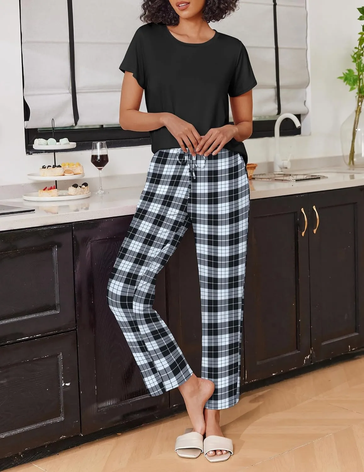 Ekouaer 2 Pack Womens Pajama Sets Short Sleeve Sleepwear Top and Pants 4 Piece Pjs Lounge Sets with Pockets