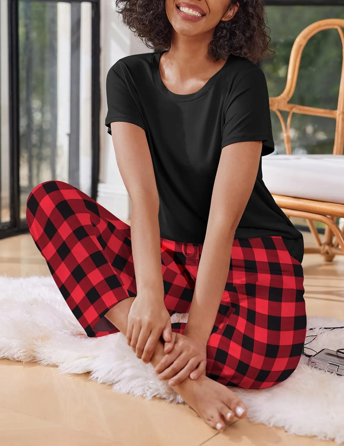 Ekouaer 2 Pack Womens Pajama Sets Short Sleeve Sleepwear Top and Pants 4 Piece Pjs Lounge Sets with Pockets