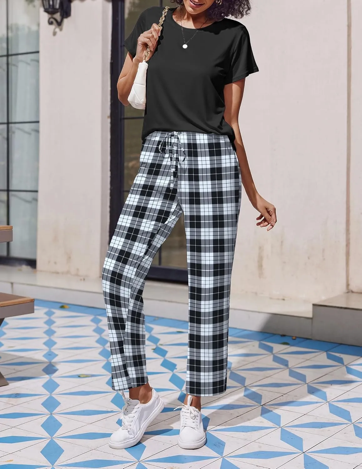 Ekouaer 2 Pack Womens Pajama Sets Short Sleeve Sleepwear Top and Pants 4 Piece Pjs Lounge Sets with Pockets