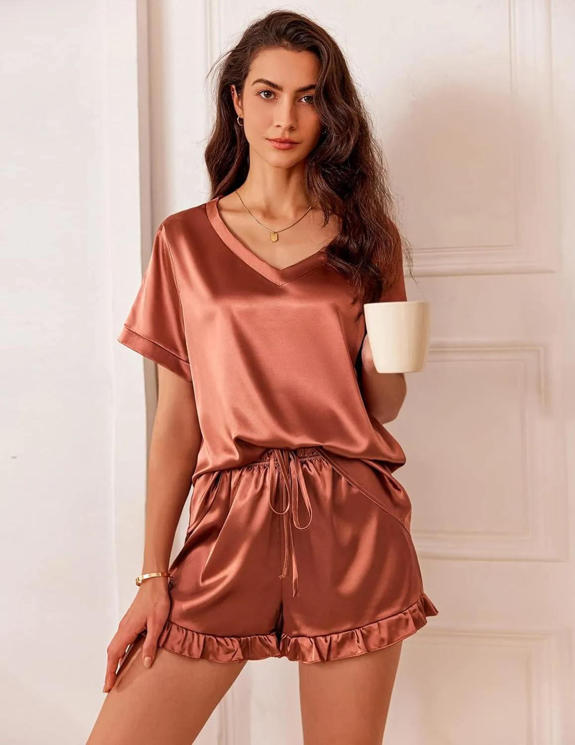 Ekouaer Satin Pajamas for Women Short Sleeve Silk Sleepwear 2 Piece Pjs Set with Ruffled Shorts Casual Loungewear