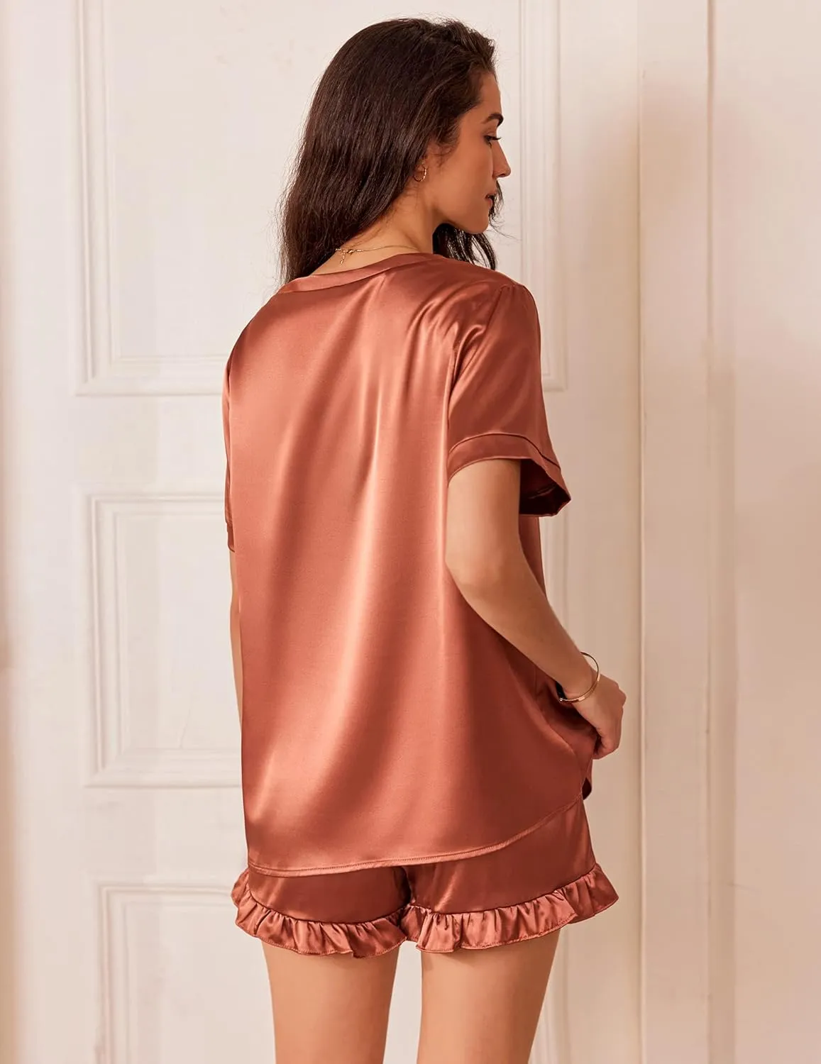 Ekouaer Satin Pajamas for Women Short Sleeve Silk Sleepwear 2 Piece Pjs Set with Ruffled Shorts Casual Loungewear