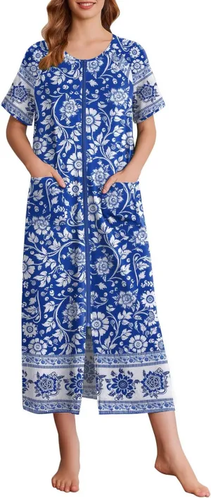 Ekouaer Women Robes Zipper Front Short Sleeve Full Length Housecoat with Pockets Loungewear S-4XL