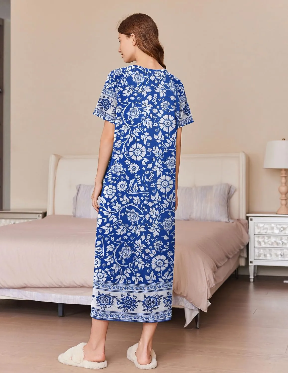Ekouaer Women Robes Zipper Front Short Sleeve Full Length Housecoat with Pockets Loungewear S-4XL