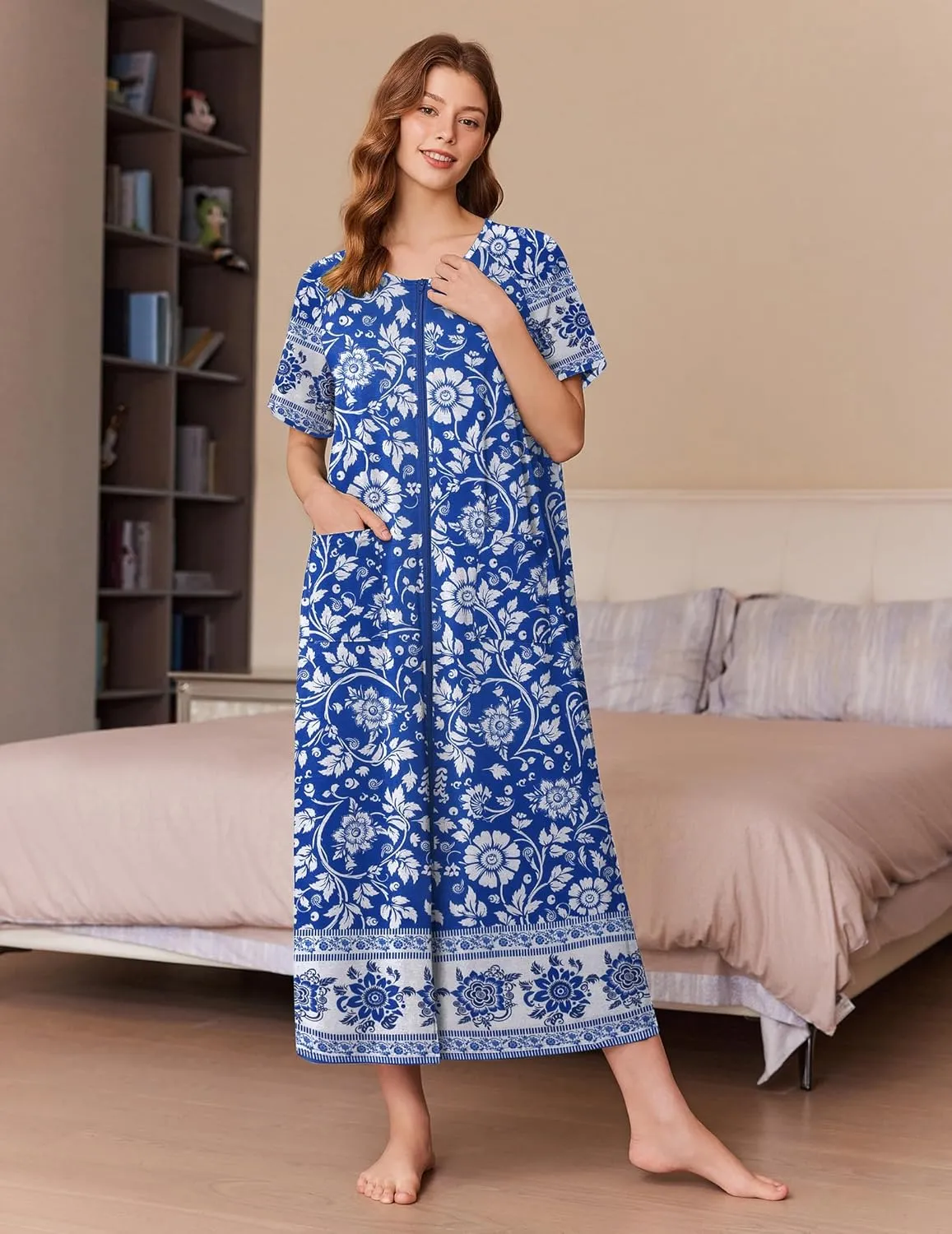 Ekouaer Women Robes Zipper Front Short Sleeve Full Length Housecoat with Pockets Loungewear S-4XL