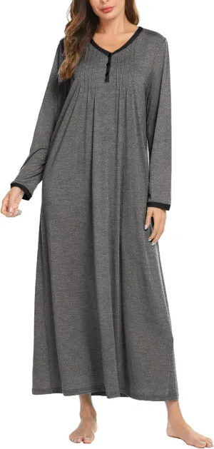 Ekouaer Women's Long Sleeve Nightgown Full Length Sleepwear Long Sleepshirts Henley Sleep Dress S-4XL