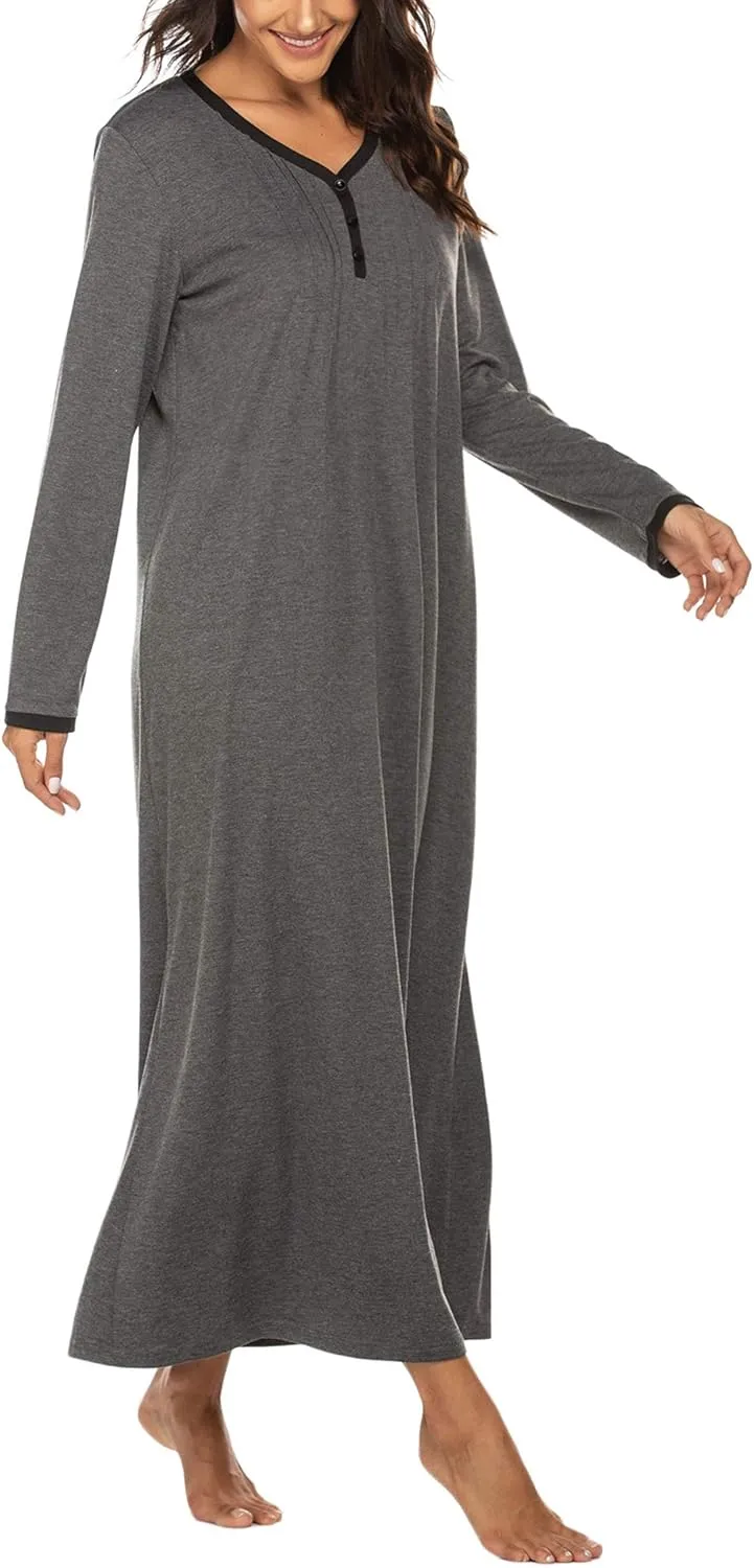 Ekouaer Women's Long Sleeve Nightgown Full Length Sleepwear Long Sleepshirts Henley Sleep Dress S-4XL