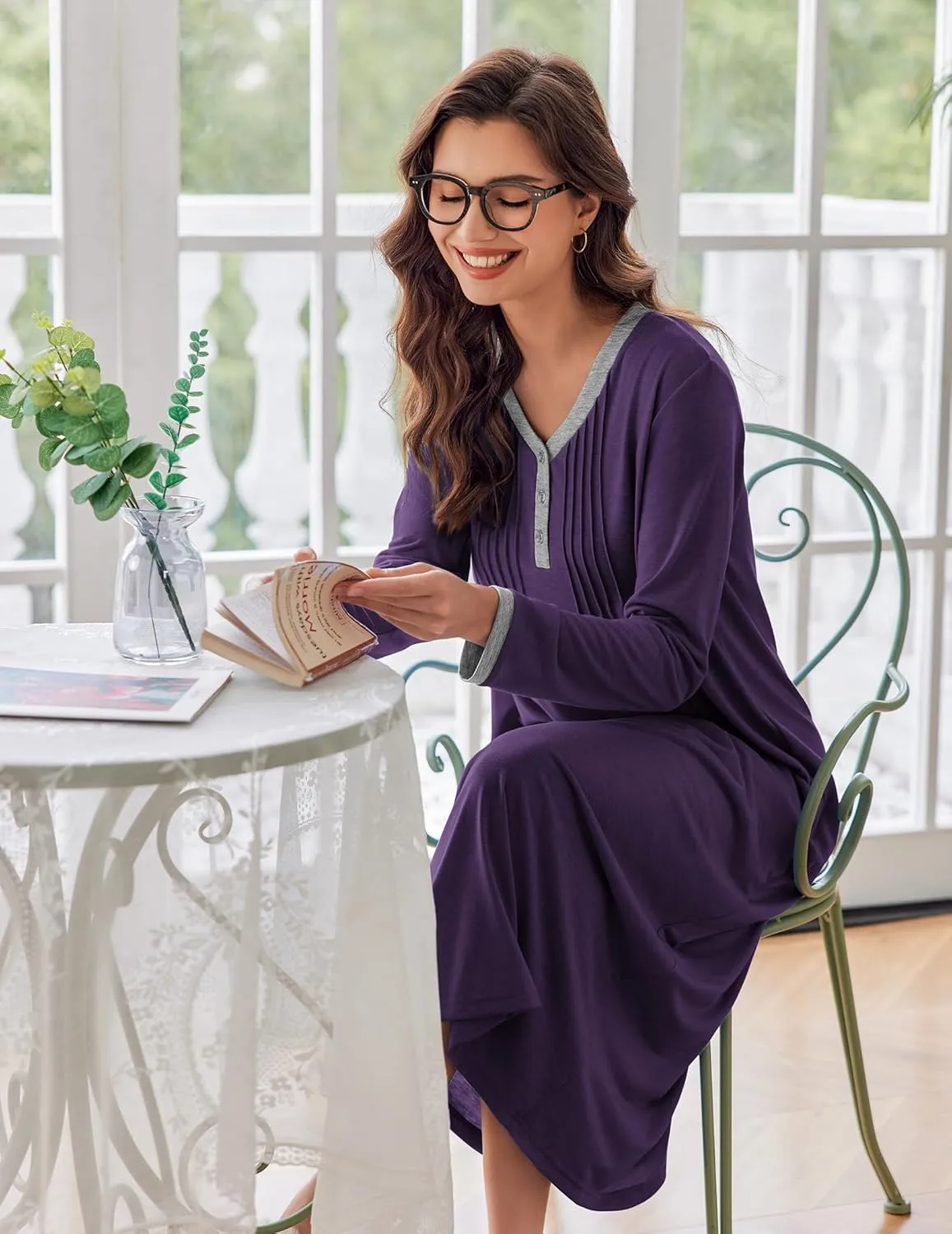 Ekouaer Women's Long Sleeve Nightgown Full Length Sleepwear Long Sleepshirts Henley Sleep Dress S-4XL