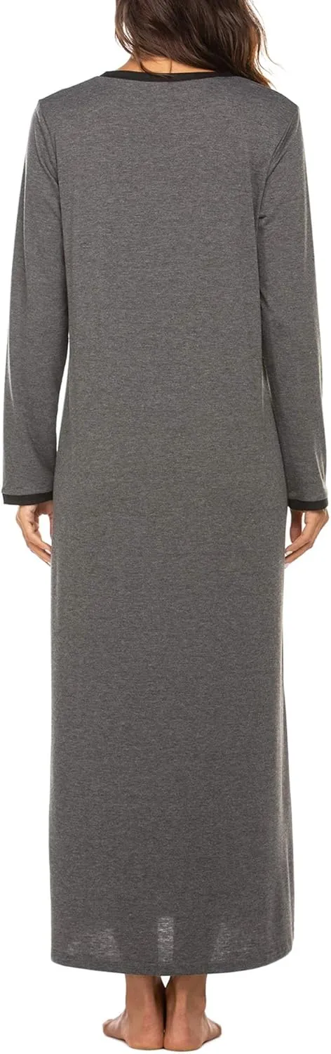 Ekouaer Women's Long Sleeve Nightgown Full Length Sleepwear Long Sleepshirts Henley Sleep Dress S-4XL