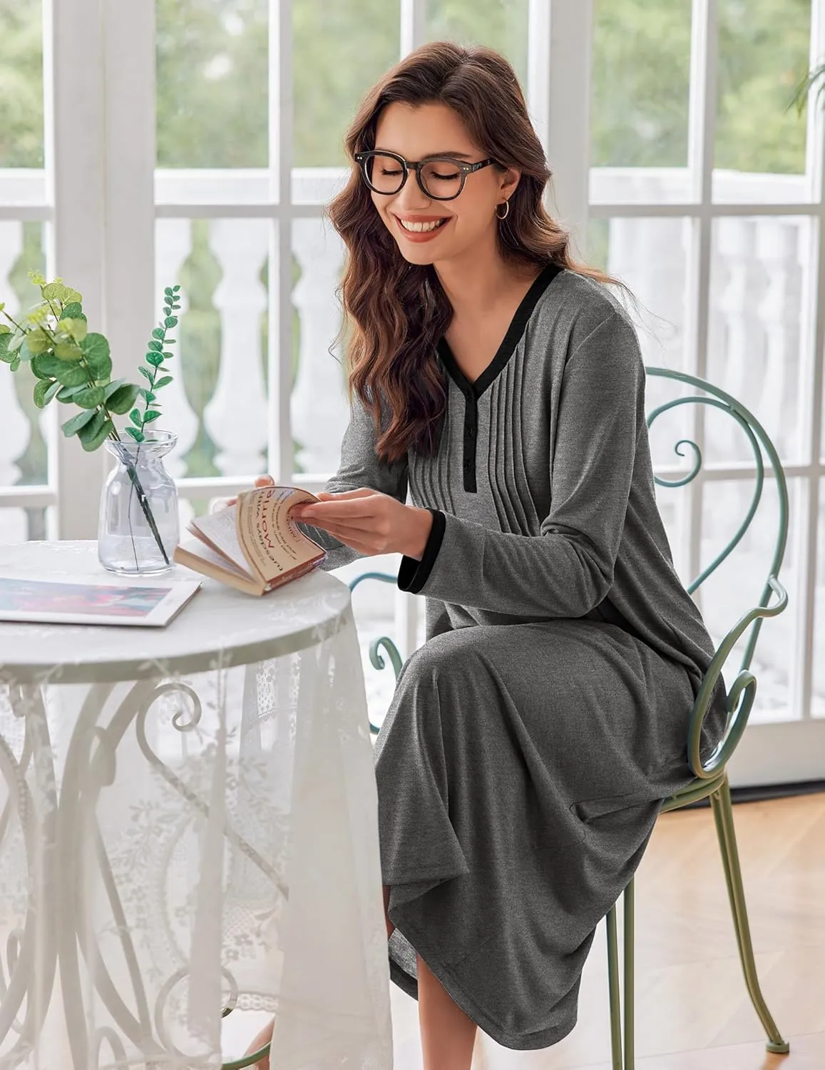 Ekouaer Women's Long Sleeve Nightgown Full Length Sleepwear Long Sleepshirts Henley Sleep Dress S-4XL