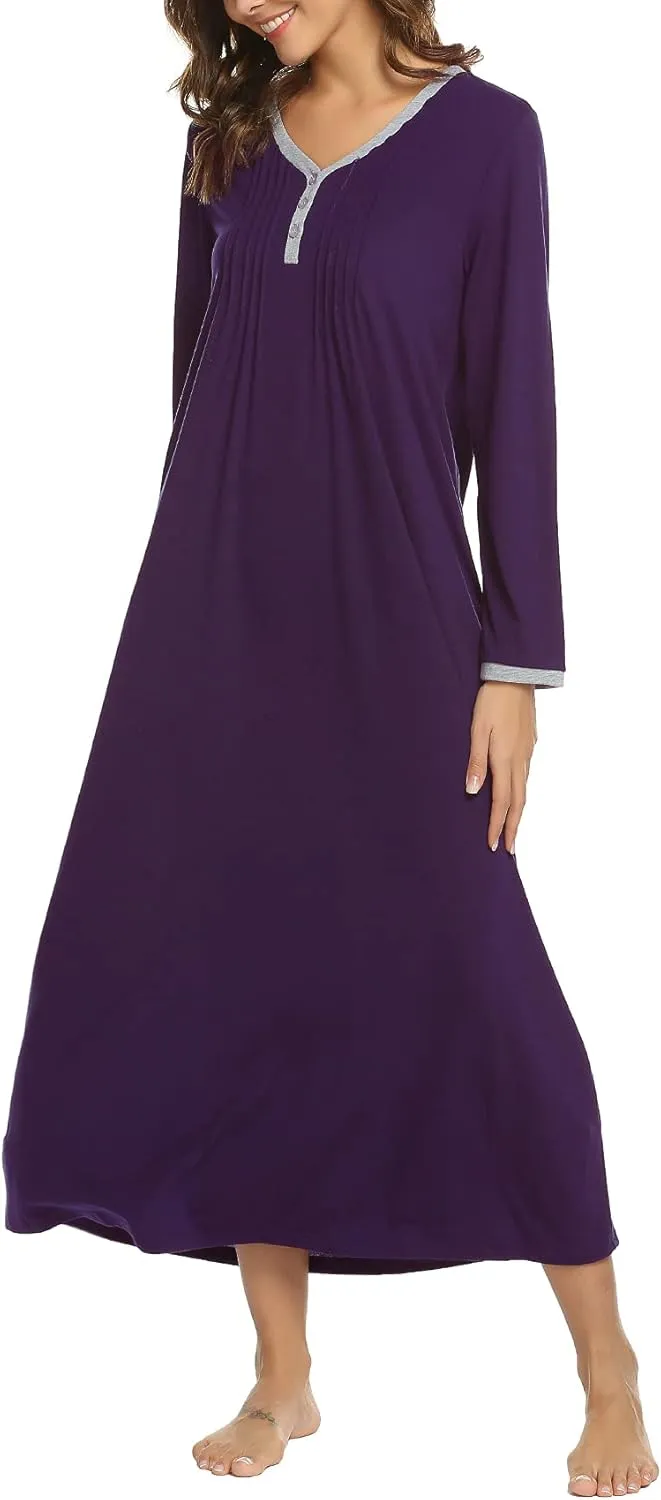 Ekouaer Women's Long Sleeve Nightgown Full Length Sleepwear Long Sleepshirts Henley Sleep Dress S-4XL