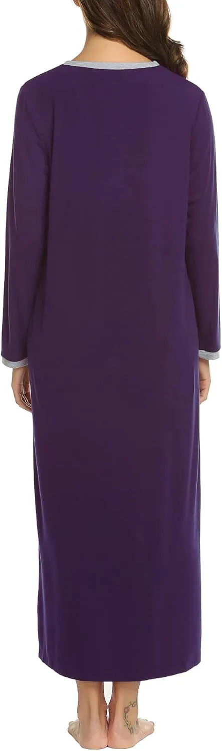 Ekouaer Women's Long Sleeve Nightgown Full Length Sleepwear Long Sleepshirts Henley Sleep Dress S-4XL