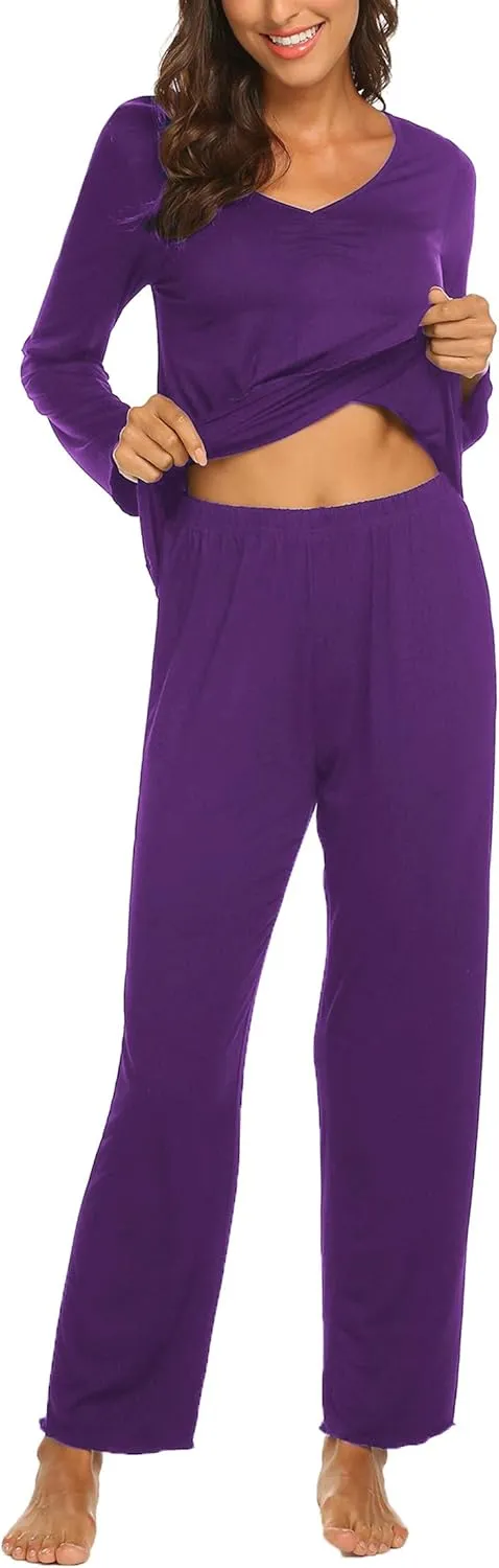 Ekouaer Womens Pajama Sets V Neck Loungewear Long Sleeve Pj Sets 2 Piece Lounge Sets for Women Soft Sleepwear for All Seasons
