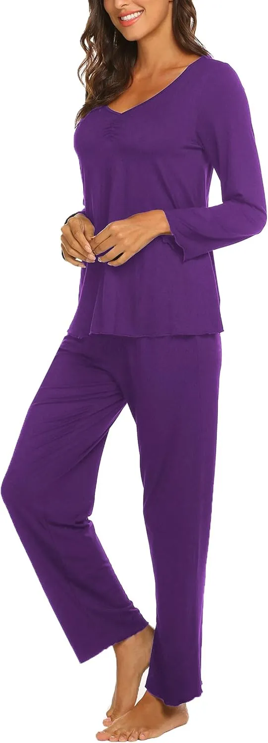 Ekouaer Womens Pajama Sets V Neck Loungewear Long Sleeve Pj Sets 2 Piece Lounge Sets for Women Soft Sleepwear for All Seasons