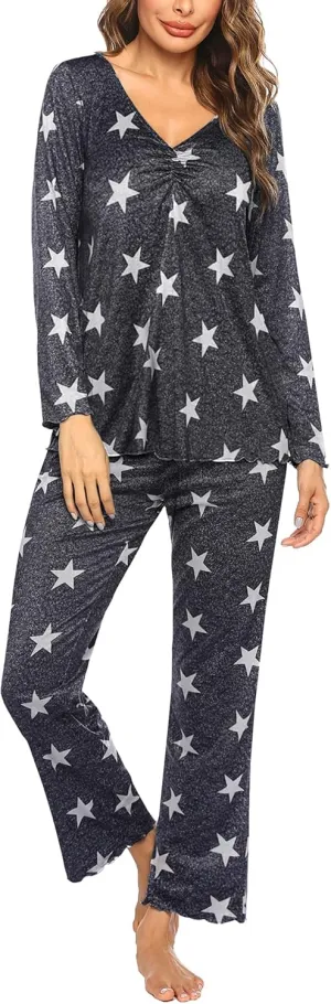 Ekouaer Womens Pajama Sets V Neck Loungewear Long Sleeve Pj Sets 2 Piece Lounge Sets for Women Soft Sleepwear for All Seasons