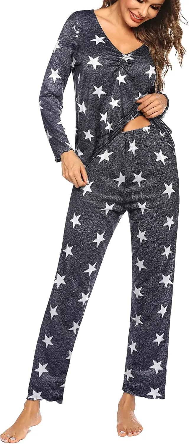 Ekouaer Womens Pajama Sets V Neck Loungewear Long Sleeve Pj Sets 2 Piece Lounge Sets for Women Soft Sleepwear for All Seasons