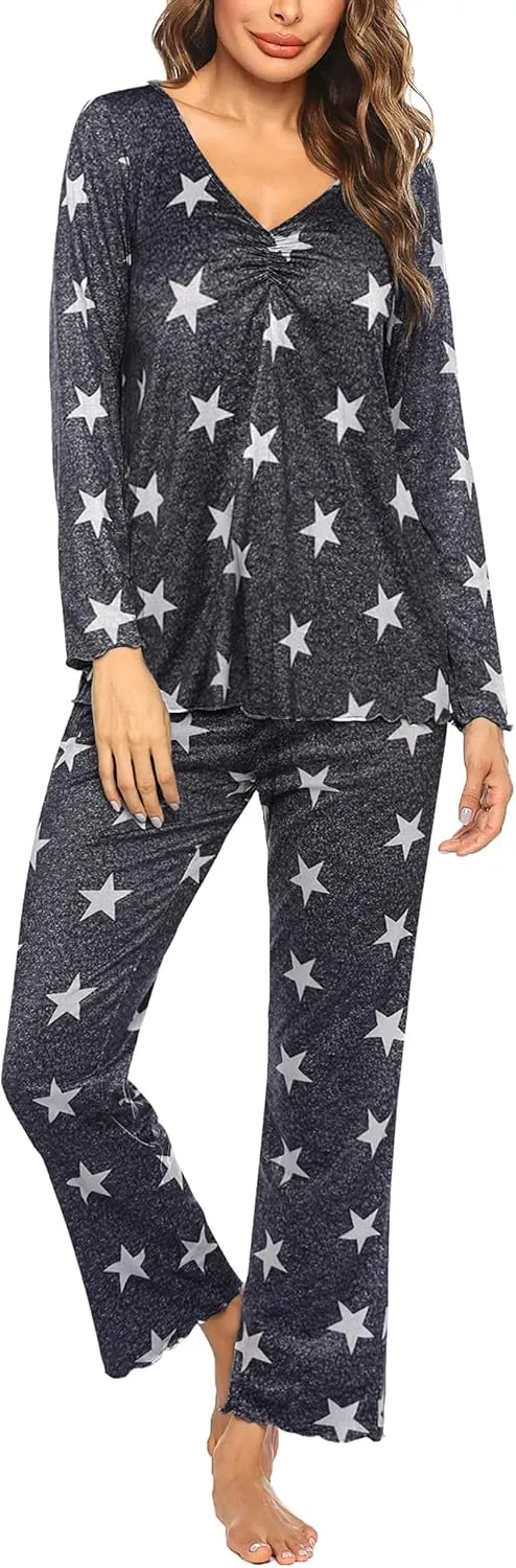 Ekouaer Womens Pajama Sets V Neck Loungewear Long Sleeve Pj Sets 2 Piece Lounge Sets for Women Soft Sleepwear for All Seasons