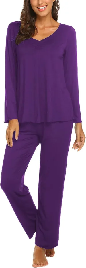 Ekouaer Womens Pajama Sets V Neck Loungewear Long Sleeve Pj Sets 2 Piece Lounge Sets for Women Soft Sleepwear for All Seasons