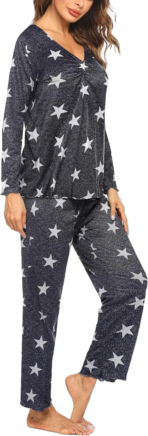 Ekouaer Womens Pajama Sets V Neck Loungewear Long Sleeve Pj Sets 2 Piece Lounge Sets for Women Soft Sleepwear for All Seasons