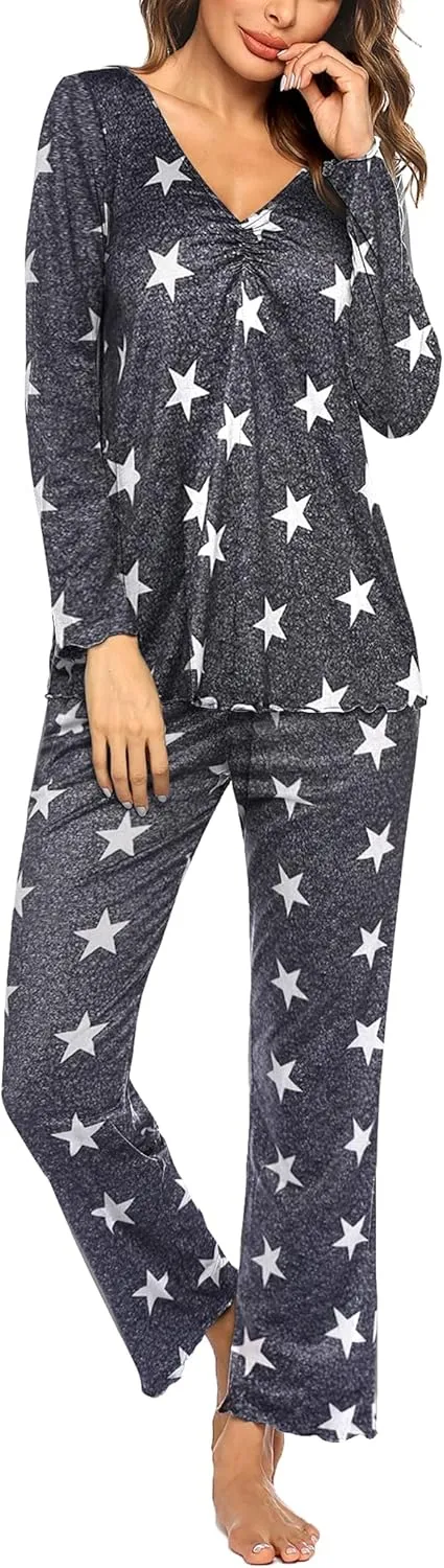 Ekouaer Womens Pajama Sets V Neck Loungewear Long Sleeve Pj Sets 2 Piece Lounge Sets for Women Soft Sleepwear for All Seasons