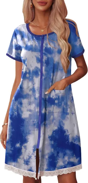 Ekouaer Womens Zipper Front Housecoats Short Sleeve Bathrobes Lace Trim Nightgown with Pockets