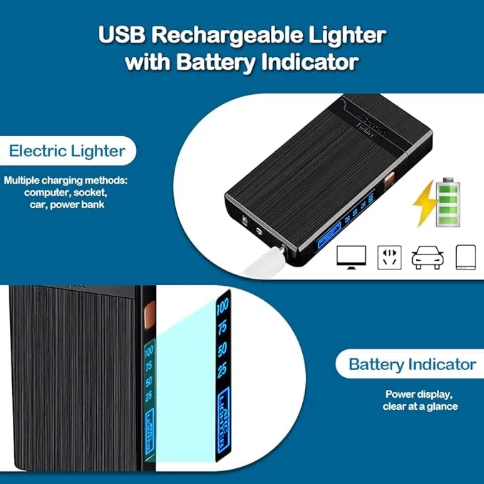 Electric Lighter, Plasma Dual Arc Lighter, USB Rechargeable Lighter, Windproof Flameless Lighter, Pocket Metal Lighter with LED Battery Indication for Candles, Incense, Camping (Balck)