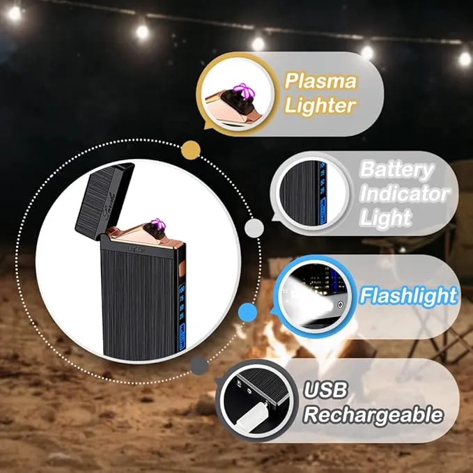 Electric Lighter, Plasma Dual Arc Lighter, USB Rechargeable Lighter, Windproof Flameless Lighter, Pocket Metal Lighter with LED Battery Indication for Candles, Incense, Camping (Balck)