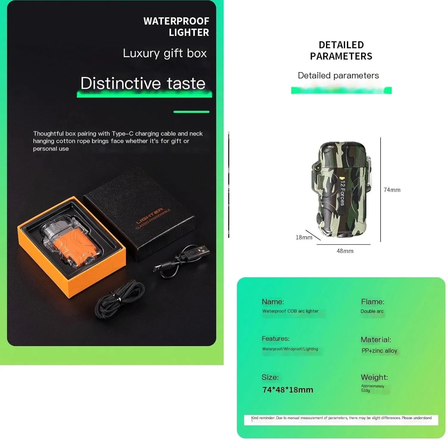 Electric Lighters，USB Rechargeabl Plasma Lighters，Waterproof Stormproof Flameless Camping Lighter Household Supplies for Cigarette/Cigar ，Candle，Survival ，Camping，Backpacking，Hiking (Color : Luminous