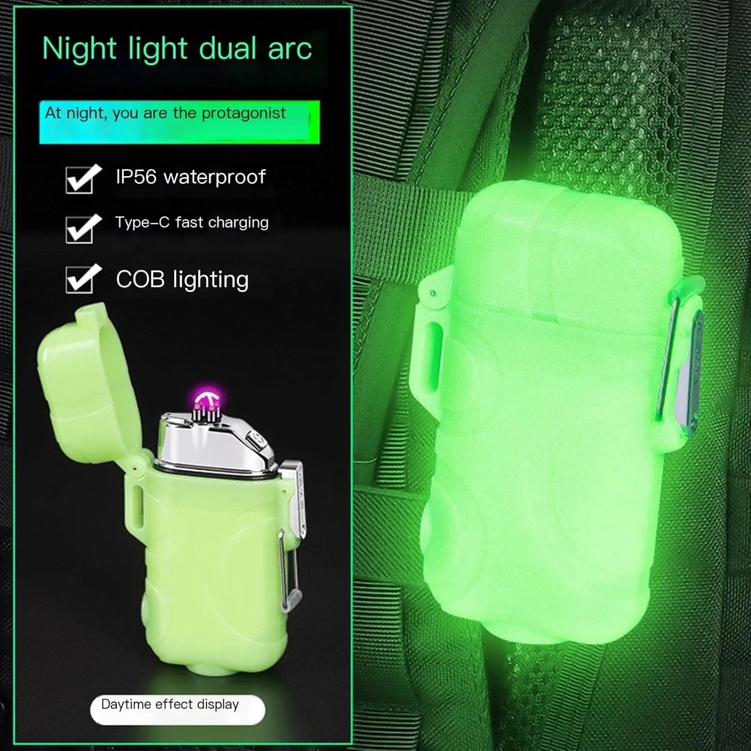 Electric Lighters，USB Rechargeabl Plasma Lighters，Waterproof Stormproof Flameless Camping Lighter Household Supplies for Cigarette/Cigar ，Candle，Survival ，Camping，Backpacking，Hiking (Color : Luminous