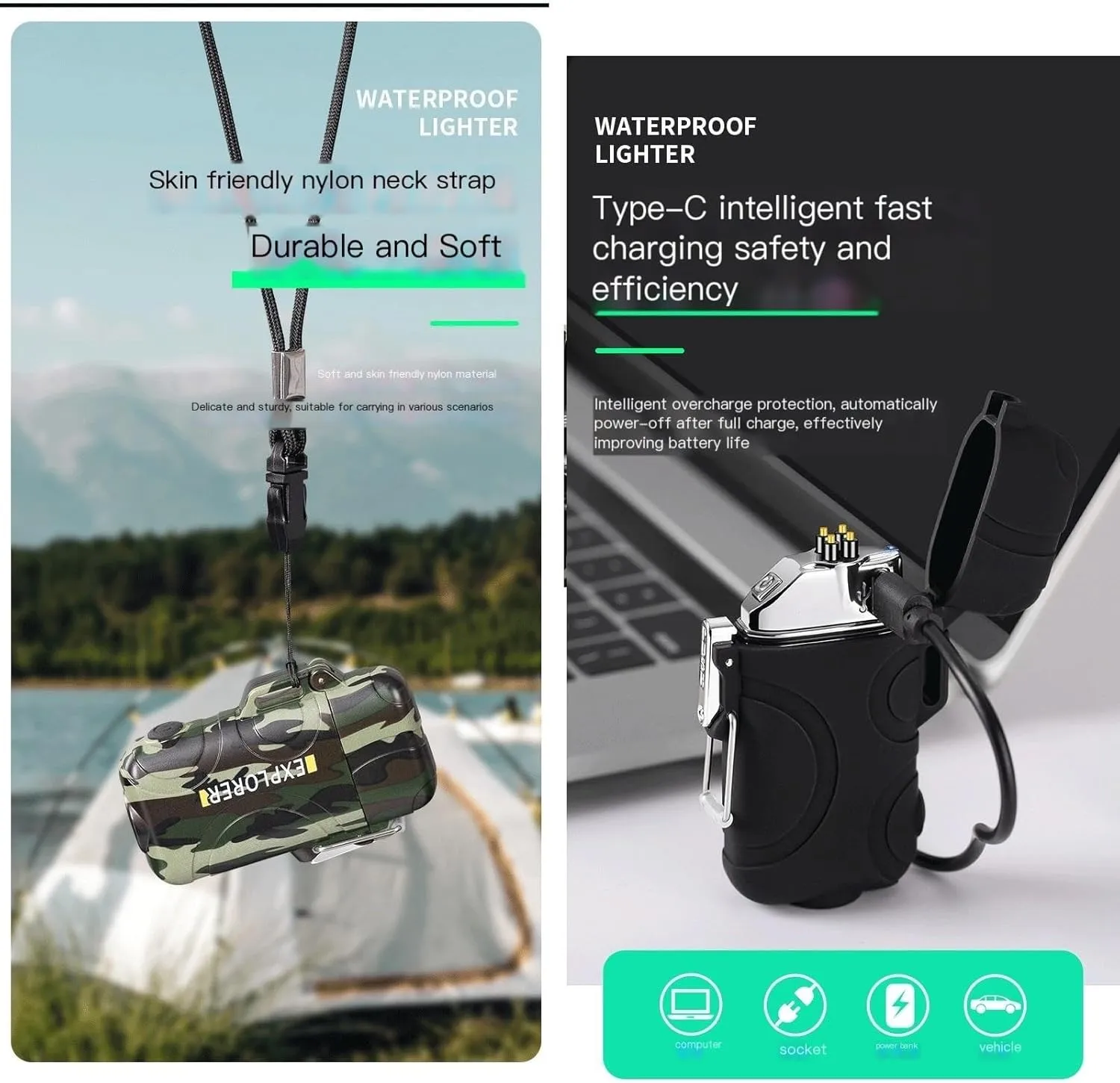 Electric Lighters，USB Rechargeabl Plasma Lighters，Waterproof Stormproof Flameless Camping Lighter Household Supplies for Cigarette/Cigar ，Candle，Survival ，Camping，Backpacking，Hiking (Color : Luminous