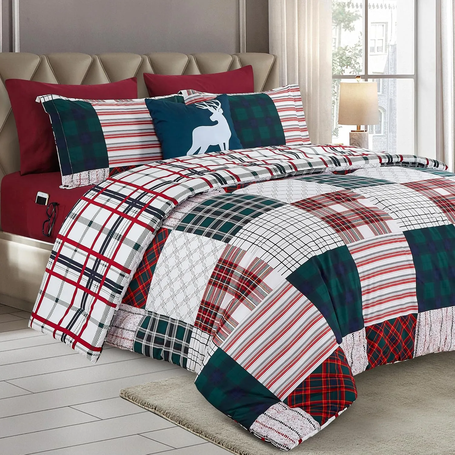 Elegant Comfort 8-Piece Cabin Lodge Patch Reversible Comforter Set - All Season Bed in a Bag, 4-Piece Sheet Set Featuring Smart Pockets, Matching Shams and Decorative Pillow, Full/Queen, Burgundy