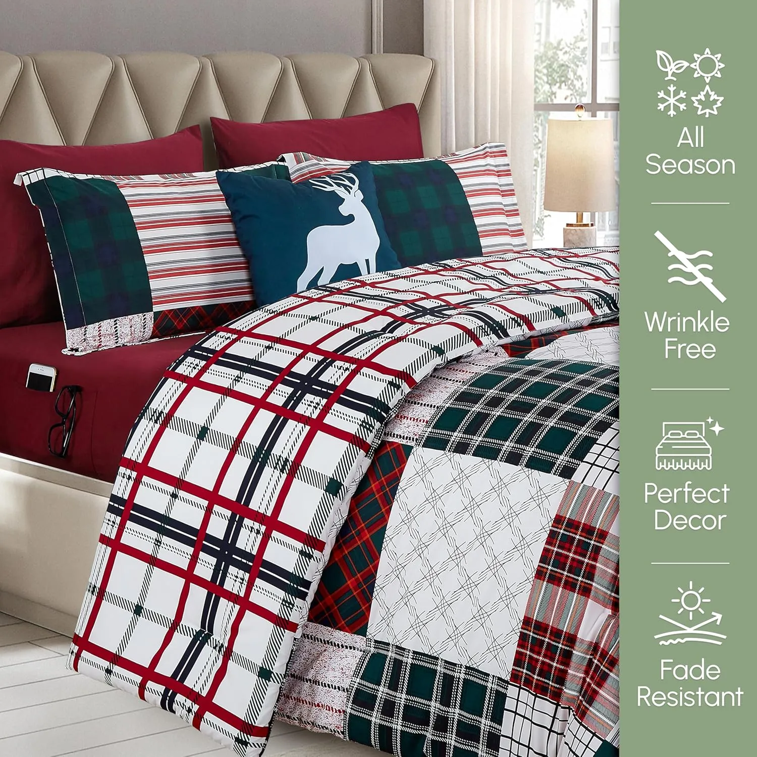 Elegant Comfort 8-Piece Cabin Lodge Patch Reversible Comforter Set - All Season Bed in a Bag, 4-Piece Sheet Set Featuring Smart Pockets, Matching Shams and Decorative Pillow, Full/Queen, Burgundy
