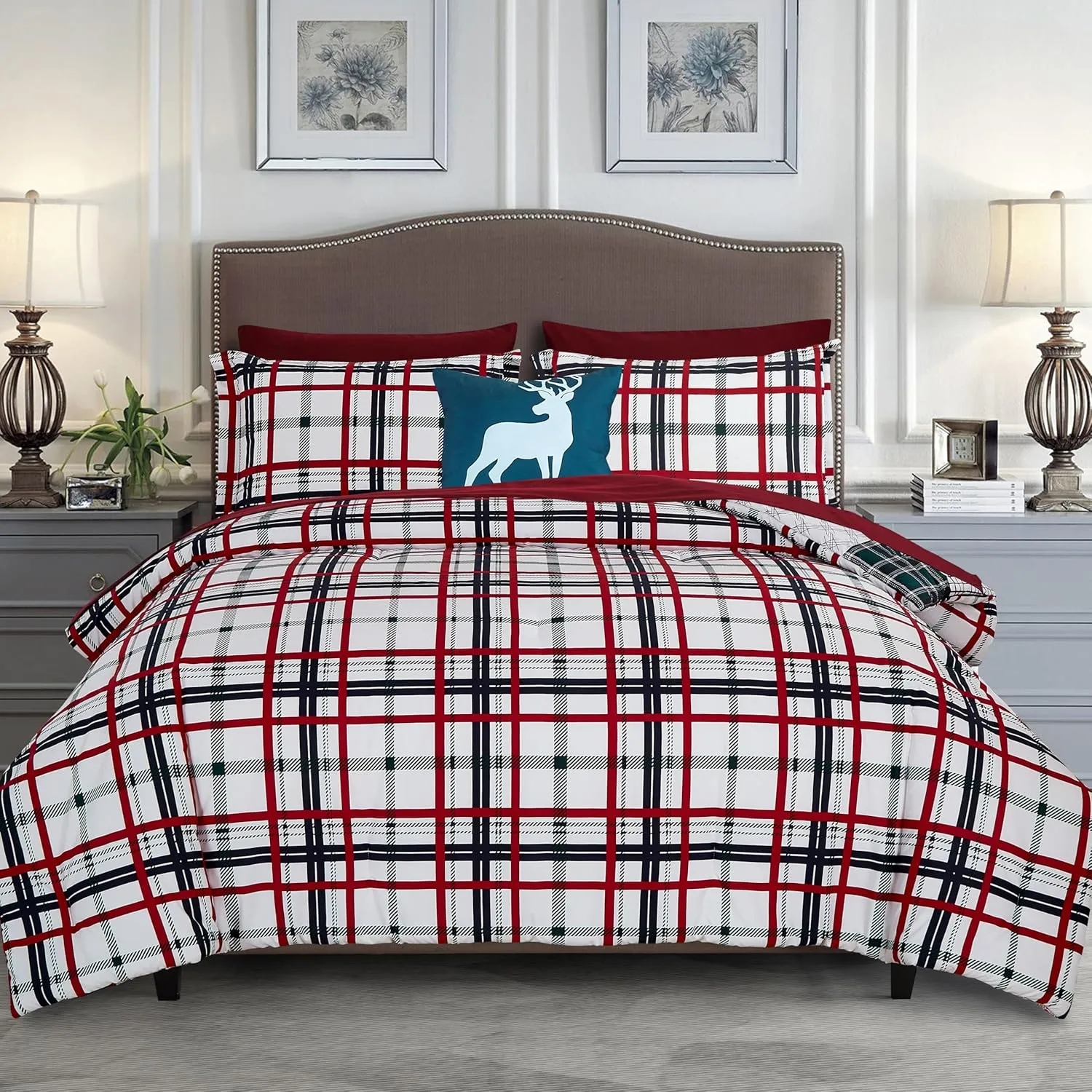 Elegant Comfort 8-Piece Cabin Lodge Patch Reversible Comforter Set - All Season Bed in a Bag, 4-Piece Sheet Set Featuring Smart Pockets, Matching Shams and Decorative Pillow, Full/Queen, Burgundy