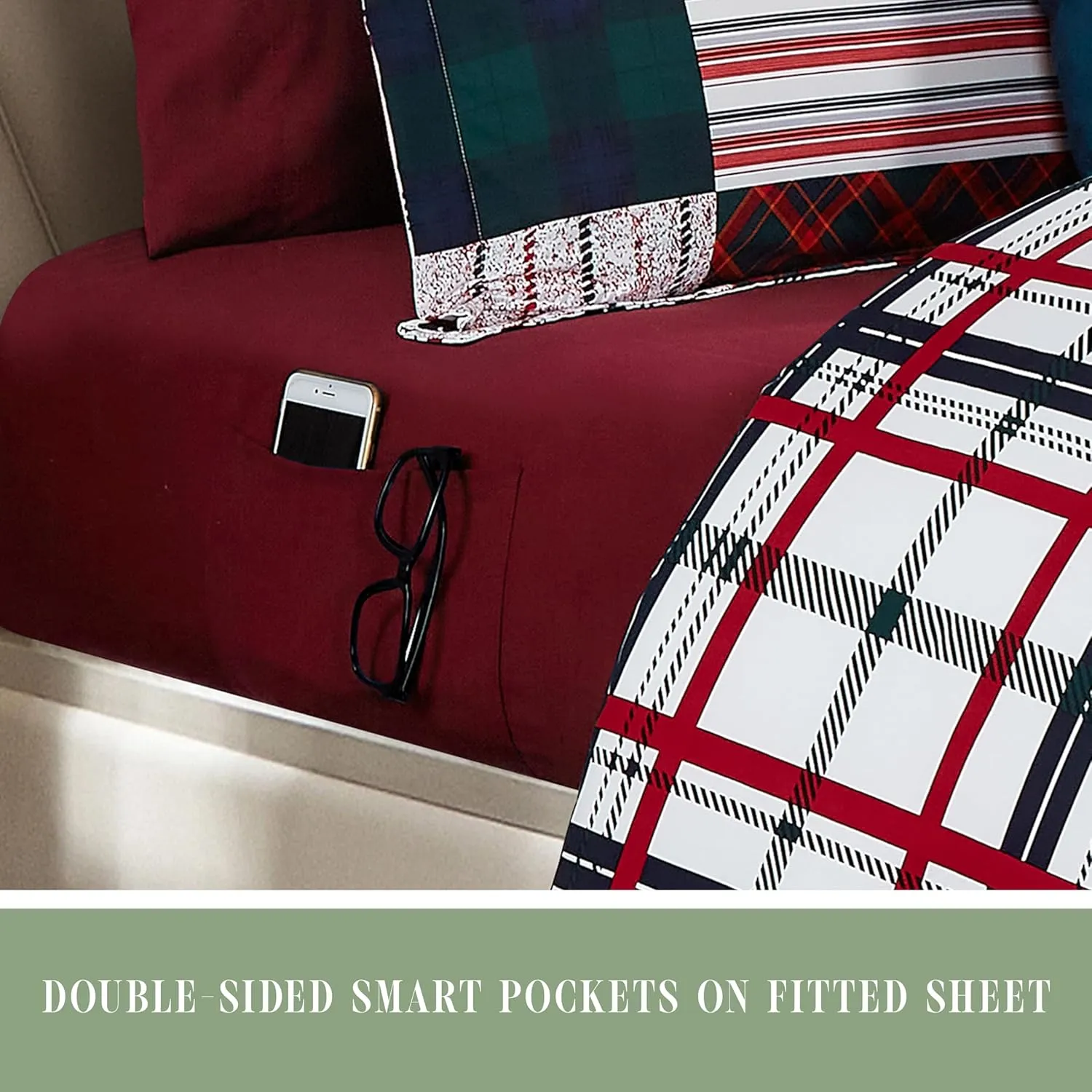 Elegant Comfort 8-Piece Cabin Lodge Patch Reversible Comforter Set - All Season Bed in a Bag, 4-Piece Sheet Set Featuring Smart Pockets, Matching Shams and Decorative Pillow, Full/Queen, Burgundy