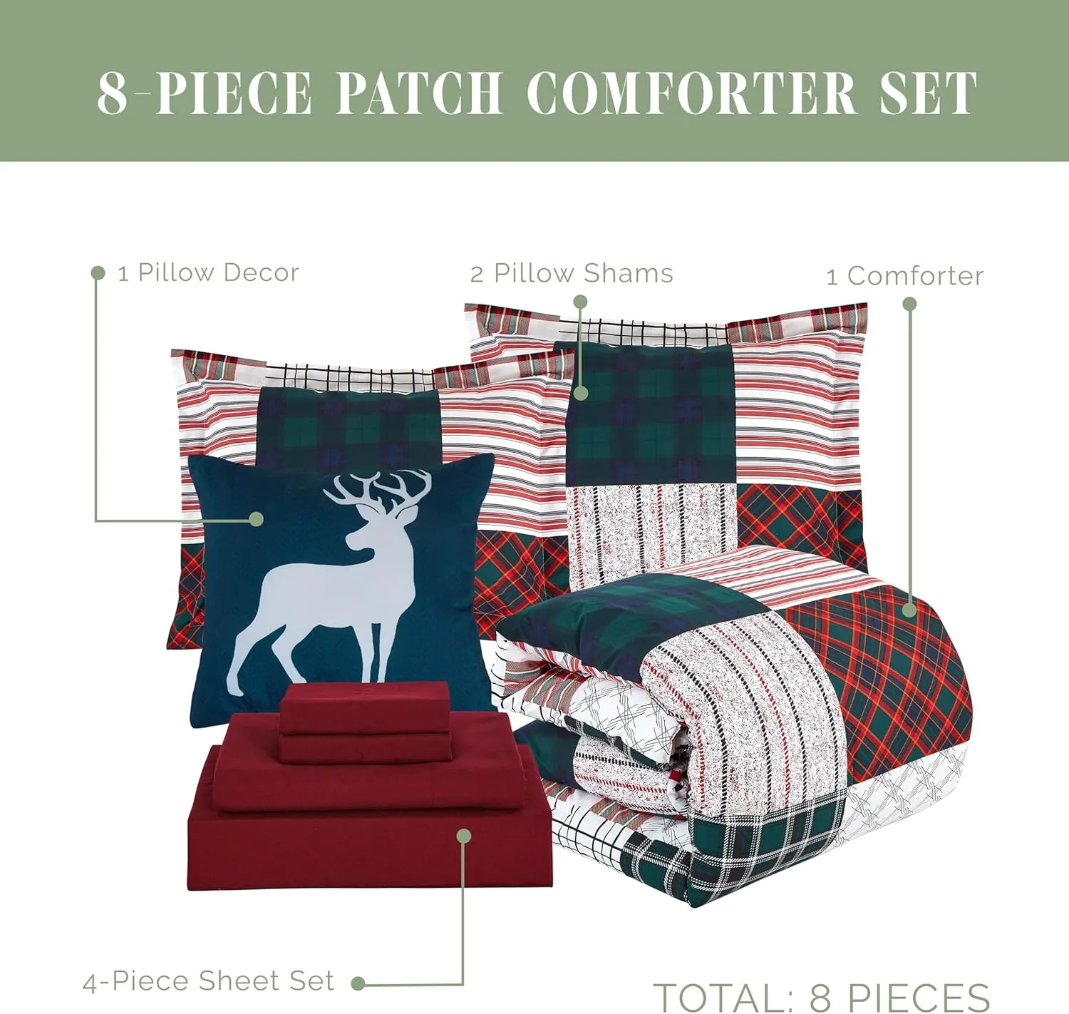 Elegant Comfort 8-Piece Cabin Lodge Patch Reversible Comforter Set - All Season Bed in a Bag, 4-Piece Sheet Set Featuring Smart Pockets, Matching Shams and Decorative Pillow, Full/Queen, Burgundy