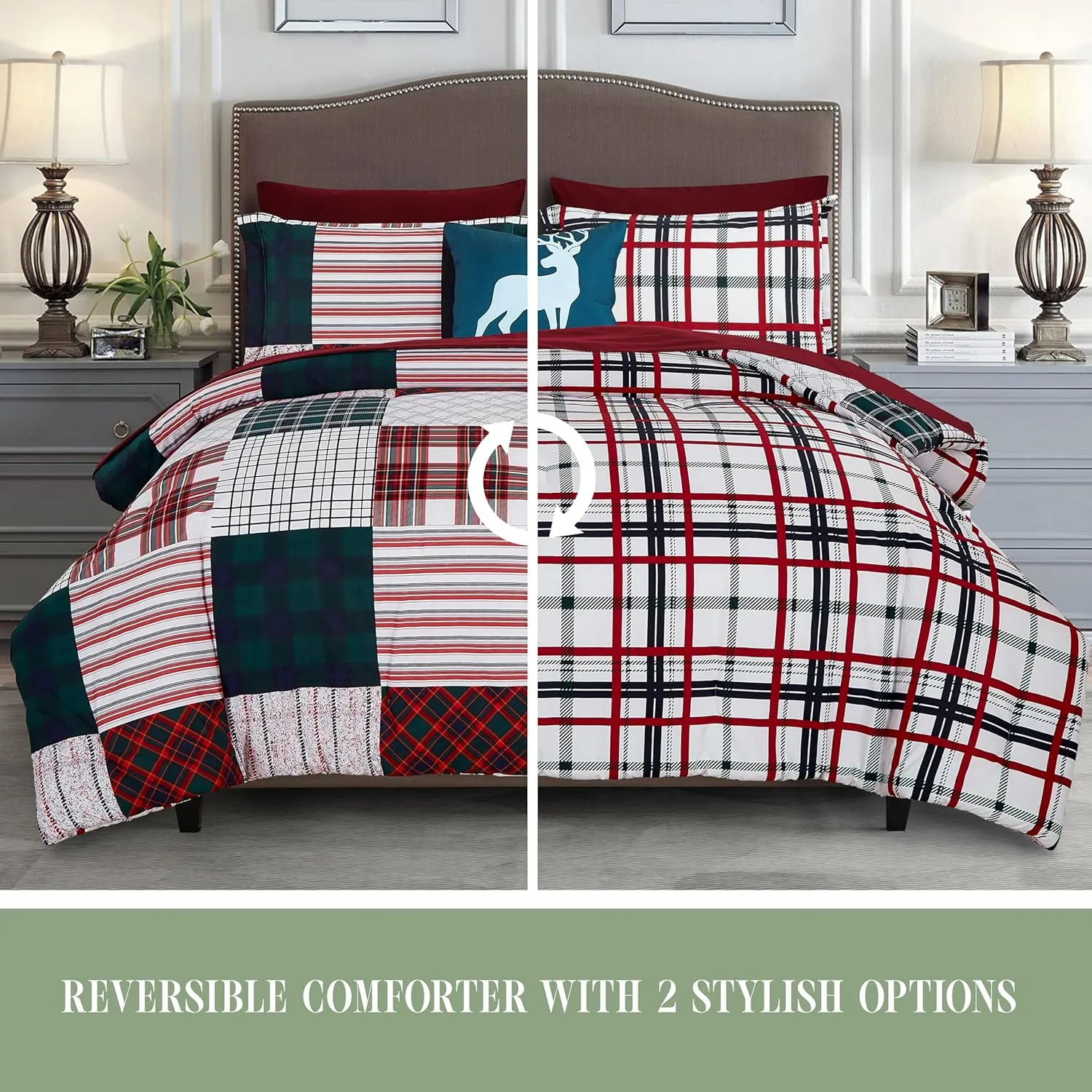 Elegant Comfort 8-Piece Cabin Lodge Patch Reversible Comforter Set - All Season Bed in a Bag, 4-Piece Sheet Set Featuring Smart Pockets, Matching Shams and Decorative Pillow, Full/Queen, Burgundy