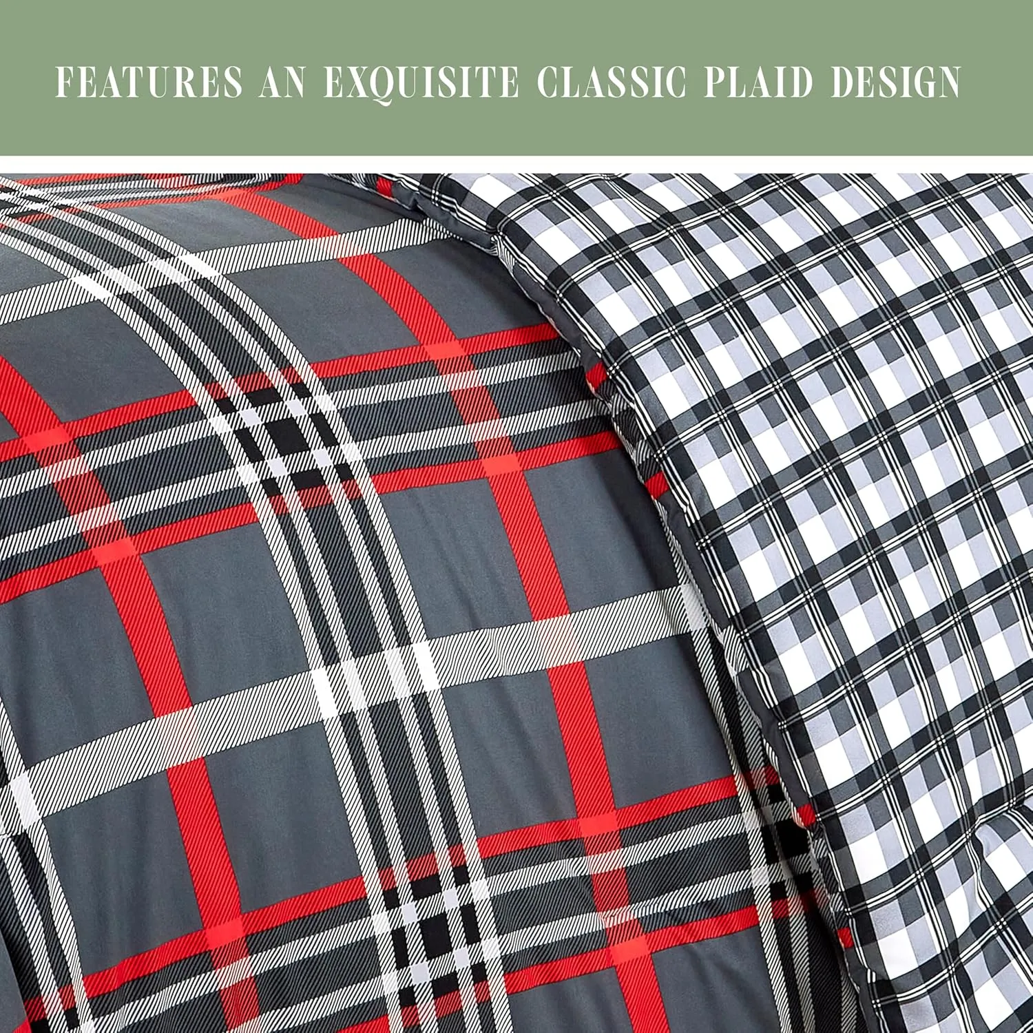Elegant Comfort 8-Piece Lodge Plaid Reversible Comforter Set - All Season Bed in a Bag, 4-Piece Sheet Set Featuring Smart Pockets, Matching Shams and Decorative Pillow, Full/Queen, Gray