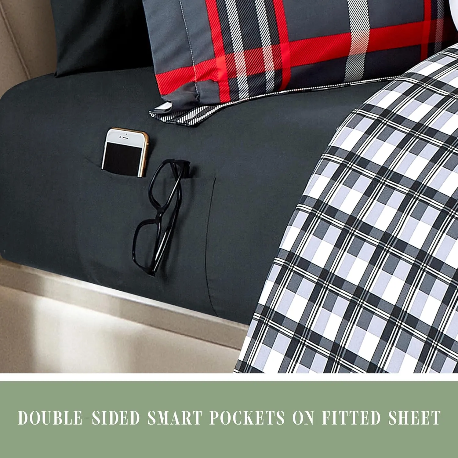 Elegant Comfort 8-Piece Lodge Plaid Reversible Comforter Set - All Season Bed in a Bag, 4-Piece Sheet Set Featuring Smart Pockets, Matching Shams and Decorative Pillow, Full/Queen, Gray