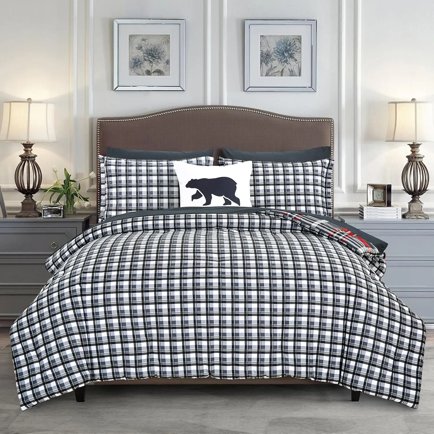Elegant Comfort 8-Piece Lodge Plaid Reversible Comforter Set - All Season Bed in a Bag, 4-Piece Sheet Set Featuring Smart Pockets, Matching Shams and Decorative Pillow, Full/Queen, Gray