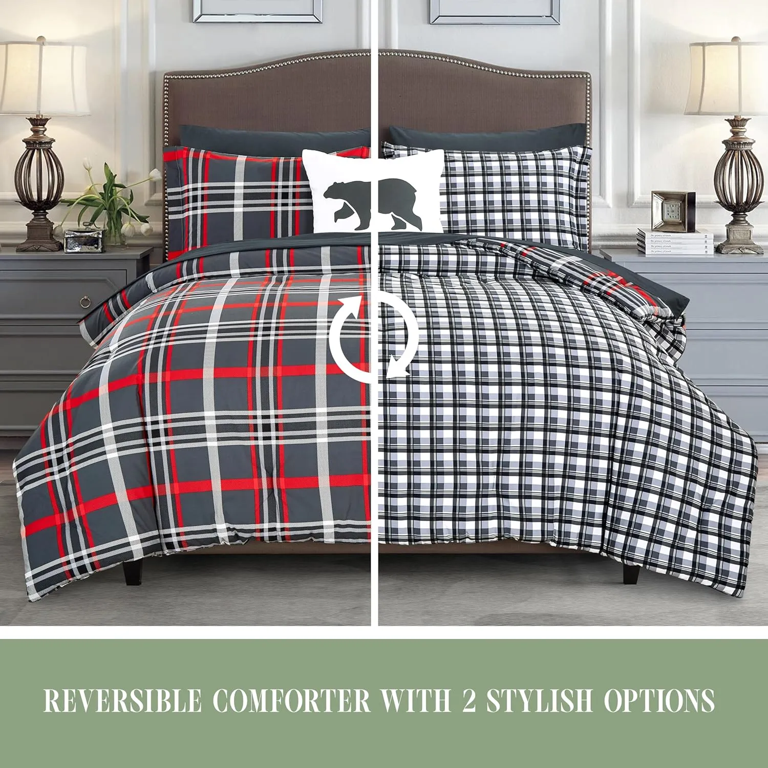 Elegant Comfort 8-Piece Lodge Plaid Reversible Comforter Set - All Season Bed in a Bag, 4-Piece Sheet Set Featuring Smart Pockets, Matching Shams and Decorative Pillow, Full/Queen, Gray