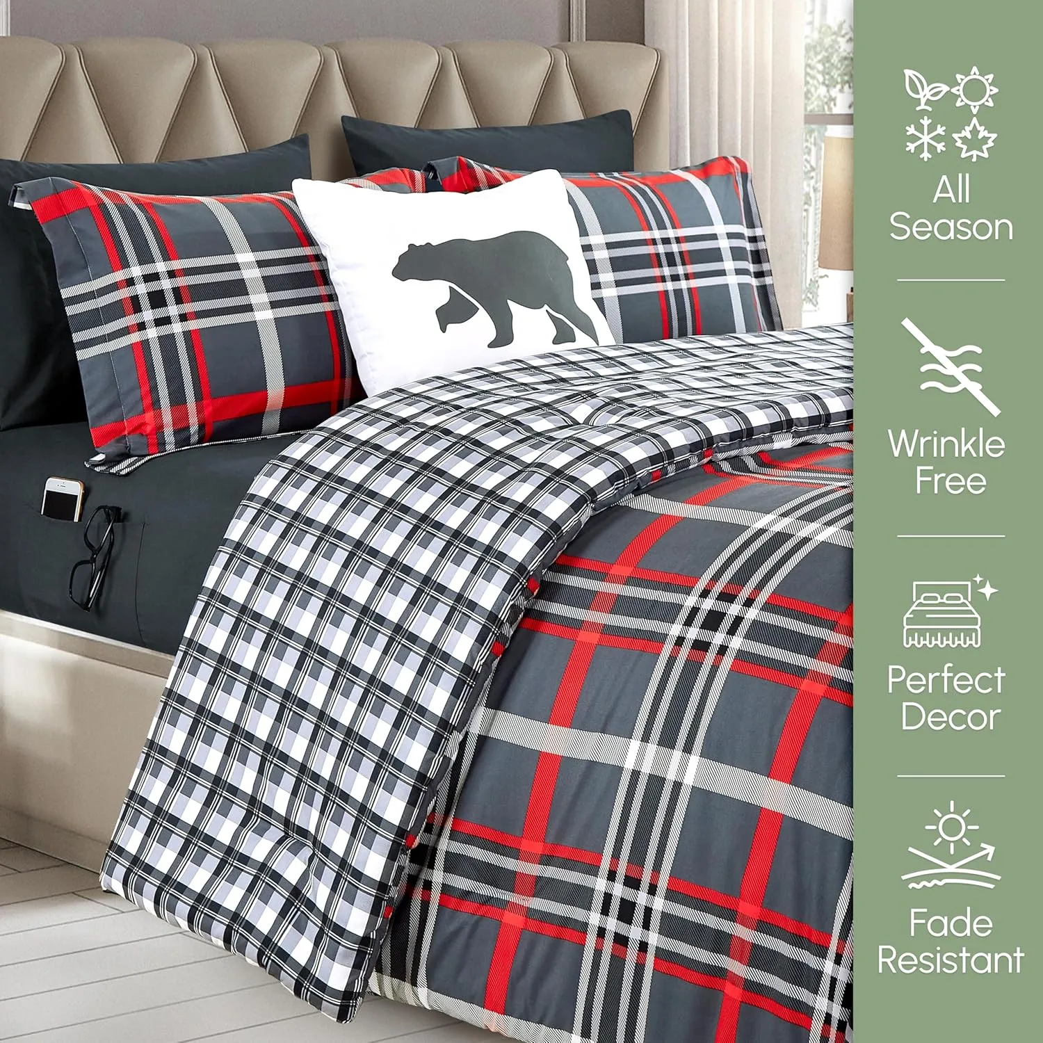 Elegant Comfort 8-Piece Lodge Plaid Reversible Comforter Set - All Season Bed in a Bag, 4-Piece Sheet Set Featuring Smart Pockets, Matching Shams and Decorative Pillow, Full/Queen, Gray