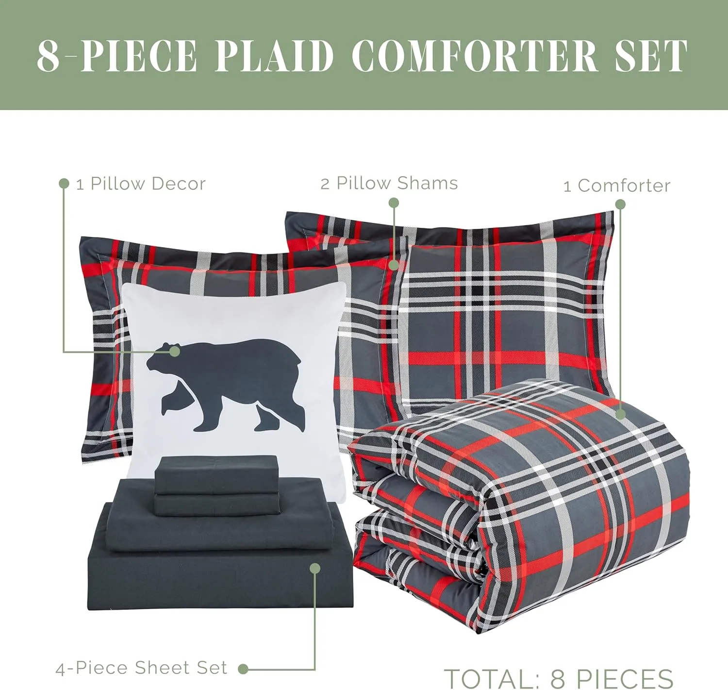 Elegant Comfort 8-Piece Lodge Plaid Reversible Comforter Set - All Season Bed in a Bag, 4-Piece Sheet Set Featuring Smart Pockets, Matching Shams and Decorative Pillow, Full/Queen, Gray