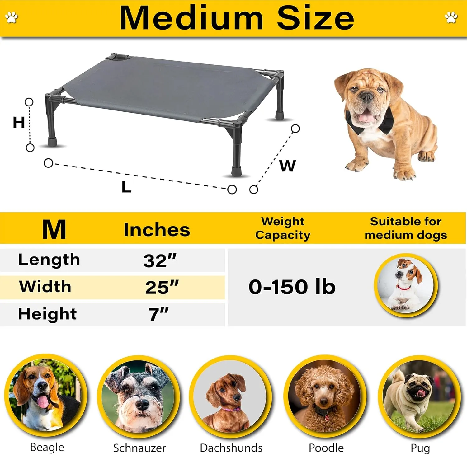 Elevated Dog Bed Raised Dog Bed Cot Bed Small Medium Large Dogs Outdoor Cooling Pet Cat Bed Breathable Mesh Washable (Medium, Grey, 32''L x 25''W)
