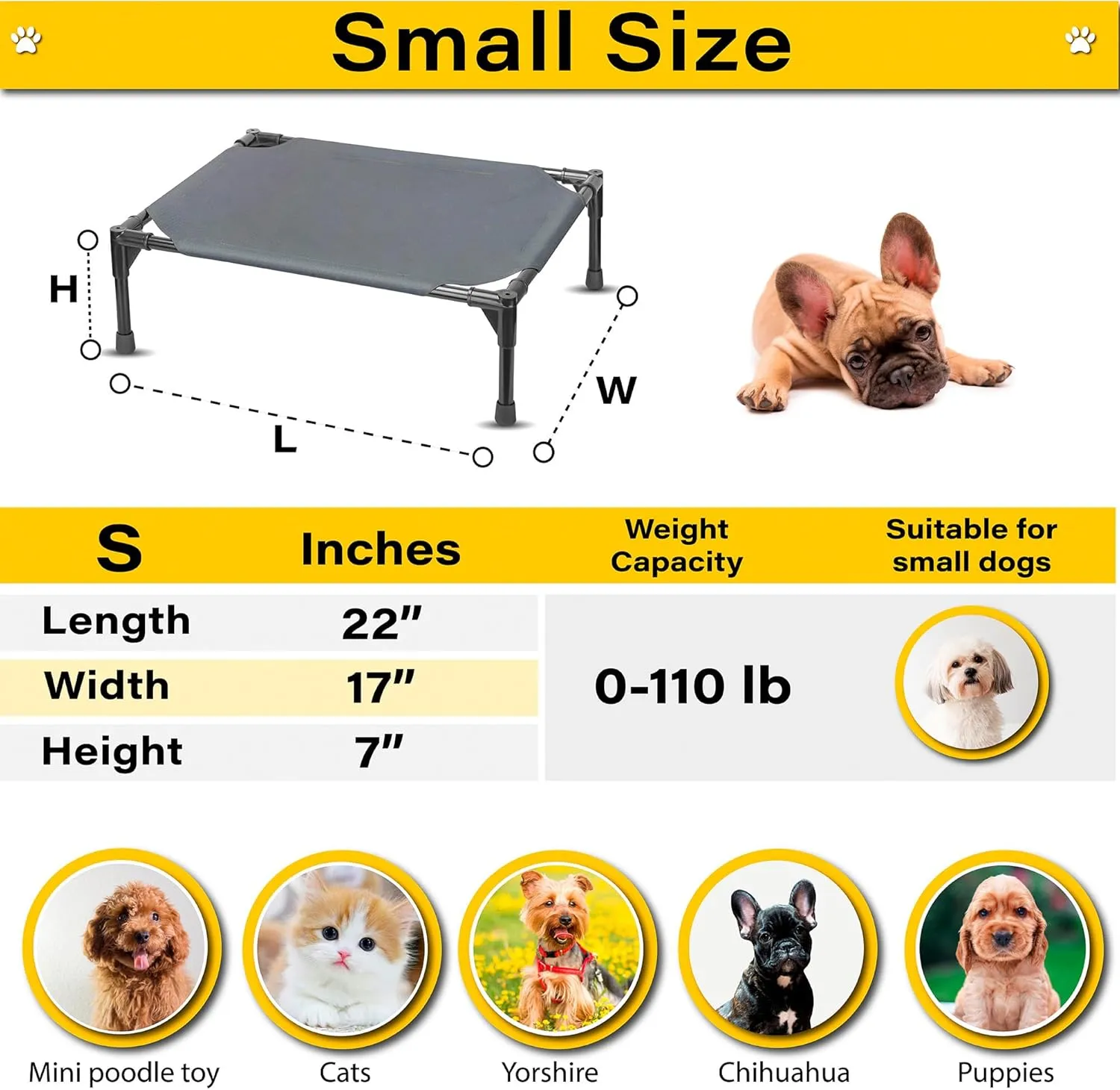 Elevated Dog Bed Raised Dog Bed Cot Bed Small Medium Large Dogs Outdoor Cooling Pet Cat Bed Breathable Mesh Washable (Small, Grey, 22''L x 17''W)