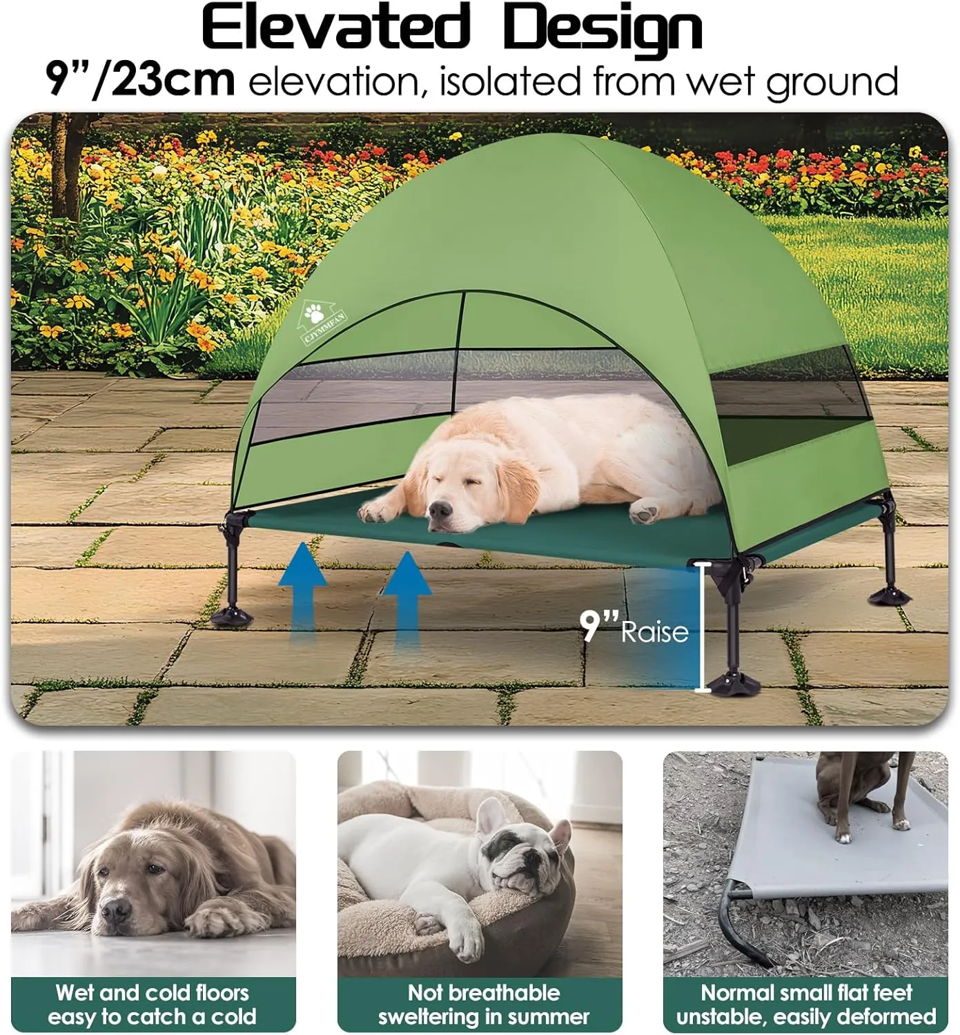 Elevated Dog Bed with Upgraded Canopy, Raised Outdoor Dog Tent with Powerful Anti-Slip Feet, Portable Pet Cot with Larger Shade, Raised Cooling Bed for Camping, Backyard, Beach, Poolside